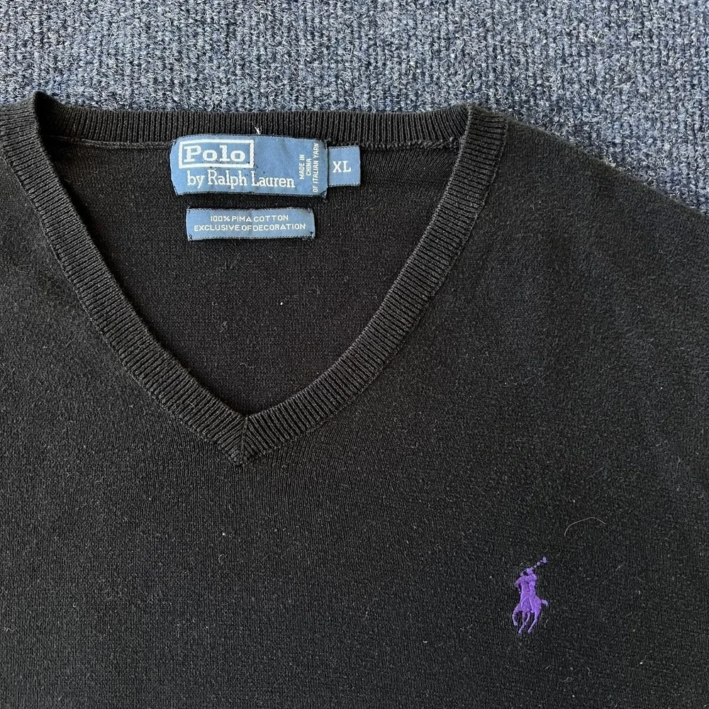 Polo Ralph Lauren Sweater Mens XL‎ Black V Neck Pima Cotton Purple Pony Logo